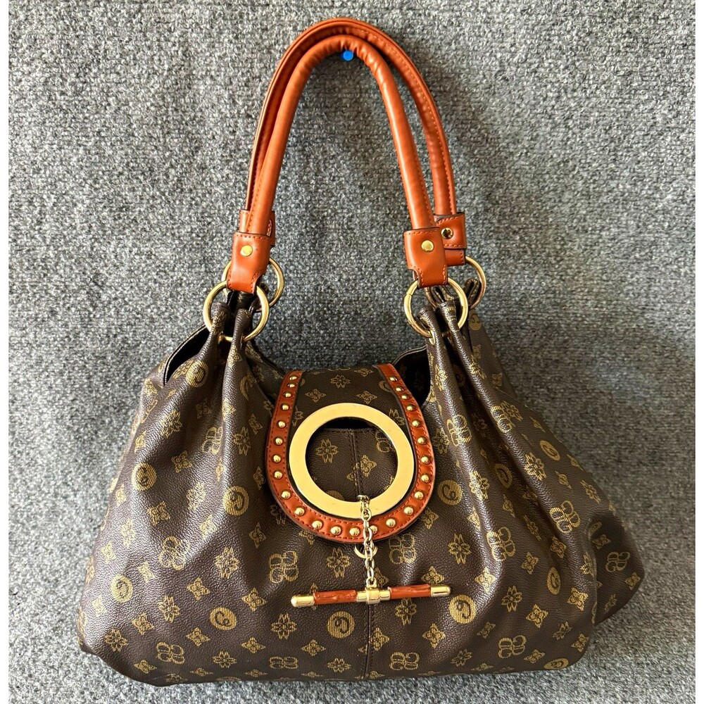 Brown Logo Print Satchel Top Handle Bag Monogram Zip Gold Studded Accents